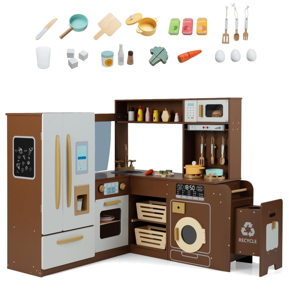 Costzon Corner Kitchen Playset, Kitchen Toy Set w/Real Lights & Sounds, Large Fridge, Ice Maker, Oven, Microwave, Washer, Trash Can & 22 Accessories, Wooden Pretend Play Kitchen for Kids 3+ (Brown)