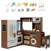 Costzon Corner Kitchen Playset, Kitchen Toy Set w/Real Lights & Sounds, Large Fridge, Ice Maker, Oven, Microwave, Washer, Trash Can & 22 Accessories, Wooden Pretend Play Kitchen for Kids 3+ (Brown) view 1
