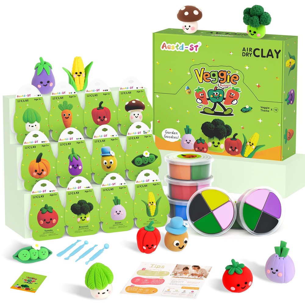 Air Dry Clay Kit - Vegetable Theme, Modeling Clay for Kids, DIY Model Magic Clay with Tools and Tutorials, 12 Boxes Molding Clay, Ultra Light, Soft & Non-Sticky, Arts and Crafts Gift for Kids