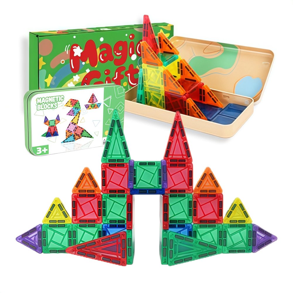 42PCS Mini Magnetic Tiles,Magnetic Building Blocks Set Travel Toys with Iron Box,Portable Magnet Building Toys,STEM Educational Building Set Construction Toys for 4+ Year Old Boys Girls Gifts