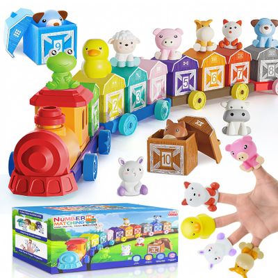 Toddler Learning Toys for 1 2 3 Year Old, Farm Animal Train Set with Counting Sorting Matching, 10 Farm Animals, Finger Puppets & Barns, Easter Christmas Birthday Preschool Gift for Baby Boys Girls