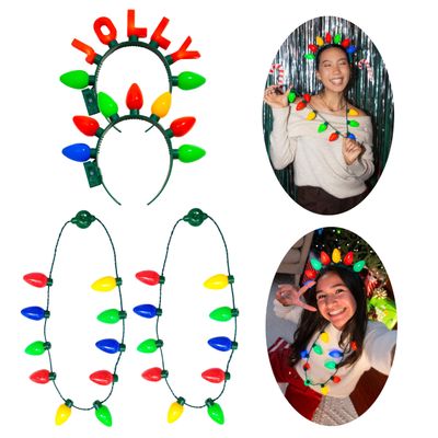 Cool Things Corp Light Up Christmas Necklace & Headband Set (4pc) LED Bulb Necklaces & Holiday Headbands, 3 Light Modes, Xmas Party Favor, Stocking Stuffer, Secret Santa, Ugly Sweater Accessory