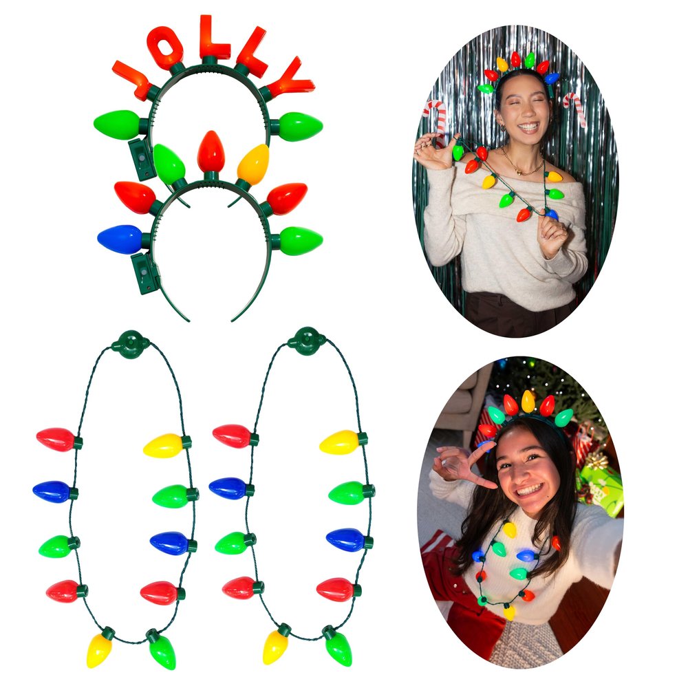 Cool Things Corp Light Up Christmas Necklace & Headband Set (4pc)  LED Bulb Necklaces & Holiday Headbands, 3 Light Modes, Xmas Party Favor, Stocking Stuffer, Secret Santa, Ugly Sweater Accessory
