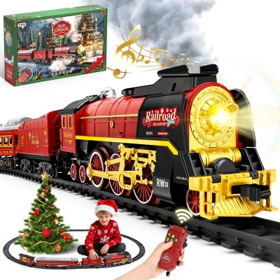 Christmas Train Set for around under The Tree, Electric Christmas Tree Train with Remote Sound Smoke Light, Steam Locomotive Xmas Christmas Train Toy Gift for Kids Boy Girl, Glowing Passenger Carriage