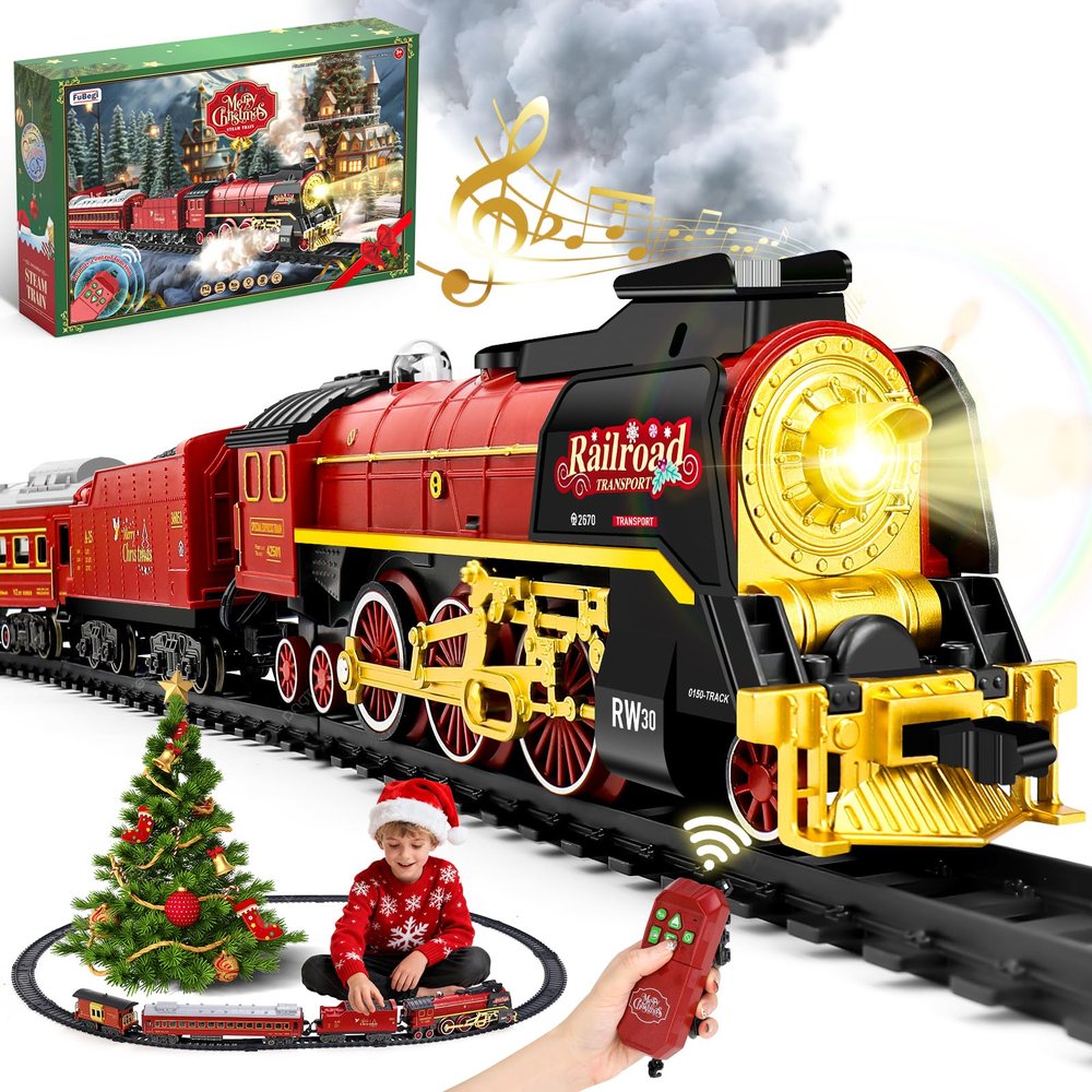 Christmas Train Set for around under The Tree, Electric Christmas Tree Train with Remote Sound Smoke Light, Steam Locomotive Xmas Christmas Train Toy Gift for Kids Boy Girl, Glowing Passenger Carriage