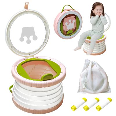 2025 Upgraded Portable Potty Training, Foldable Toilet,Travel Potty for Toddler, Apply to Seat Emergency Toilet for Camping, Outdoor, Car, Indoor, Including 3 rolls of garbage bags (White-Pink)