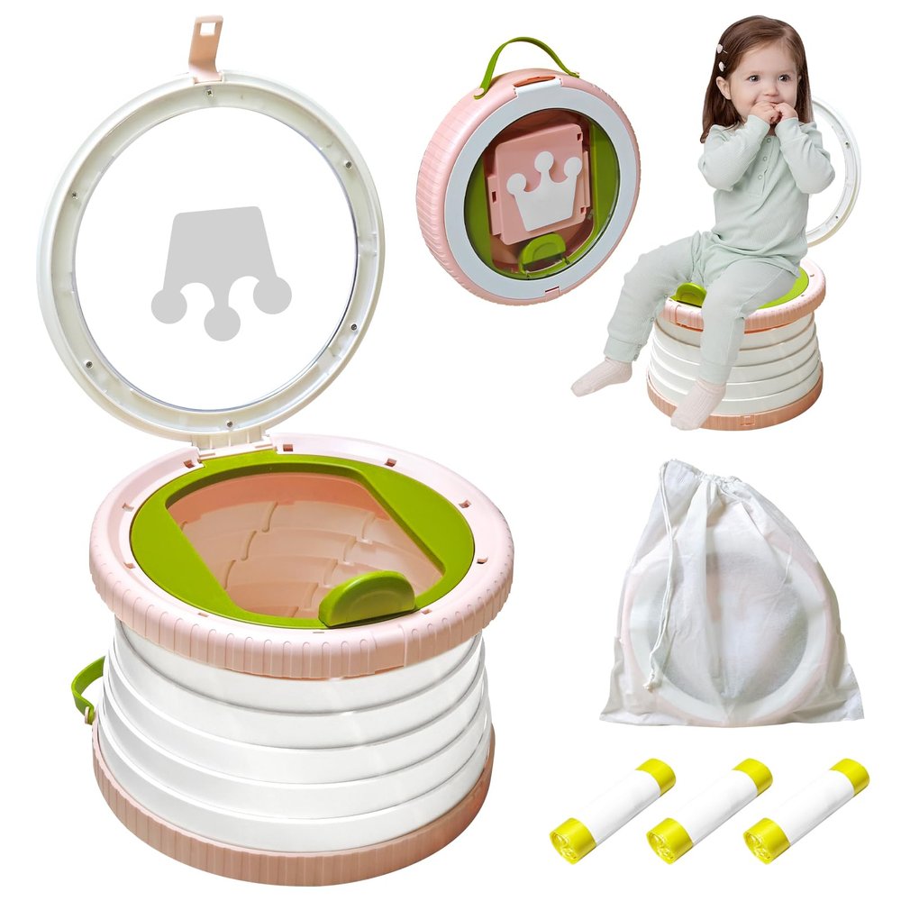 2025 Upgraded Portable Potty Training, Foldable Toilet,Travel Potty for Toddler, Apply to Seat Emergency Toilet for Camping, Outdoor, Car, Indoor, Including 3 rolls of garbage bags (White-Pink)