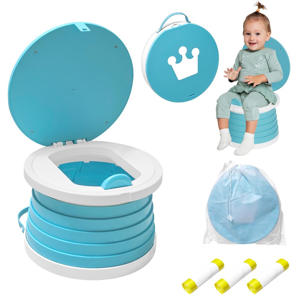 2025 Upgraded Portable Potty Training, Foldable Toilet,Travel Potty for Toddler, Apply to Seat Emergency Toilet for Camping, Outdoor, Car, Indoor, Including 3 rolls of garbage bags (Blue)