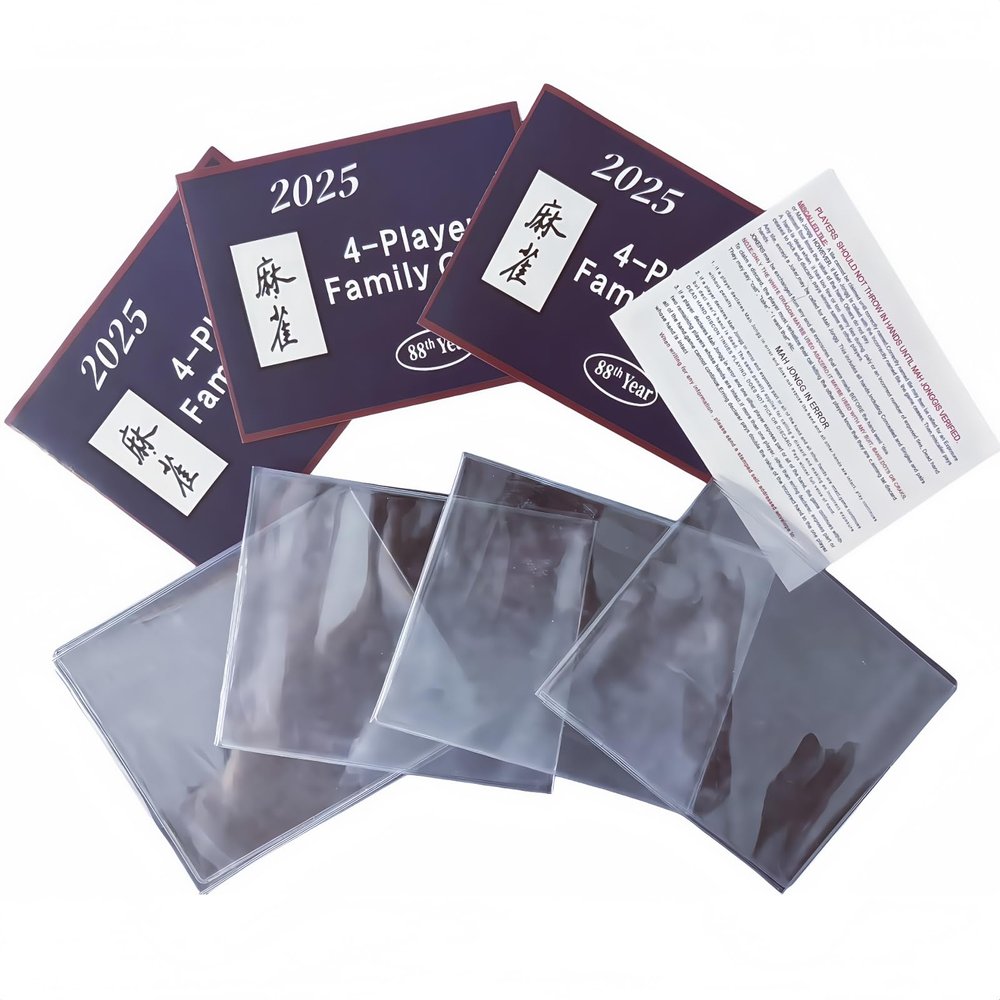 2025 Blue Mah-Jong Rule Cards with Clear Plastic Sleeves, 4 Pack Large Print Travel-Friendly Hands and Rules for 4 Players, Family Tournament Use