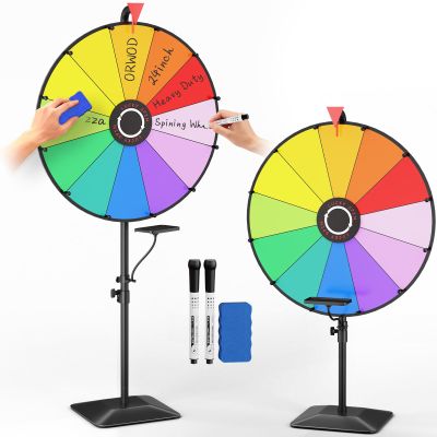24 Inch Prize Wheel, Heavy Duty Spinning Wheel for Prizes, Adjustable 47"-61" Spin Wheel with Dry Erase Marker & Eraser, 12 Slots Colors Wheel Spinner with Stand for Party, Carnivals and Tradeshow