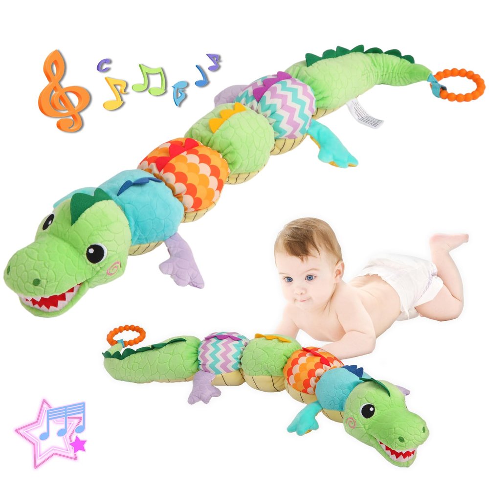 Baby Sensory Green Dinosaur Plush Musical Rattle Toy with Rustling Sounds for Infant 0-6 Months, Tummy Time Sensory Toys for 3-12 Month Old Newborn