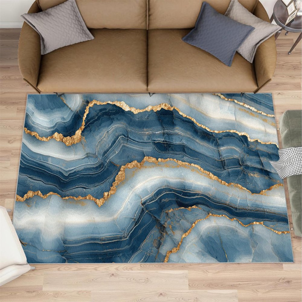 4x5 Modern Luxury Marble Area Rugs - Stone Textured Marbling Rug for Entryway, Abstract Dark Blue Marble Washable Entry Way Rugs Kids Carpet for Inside House Playroom Living Room End Table Nursery