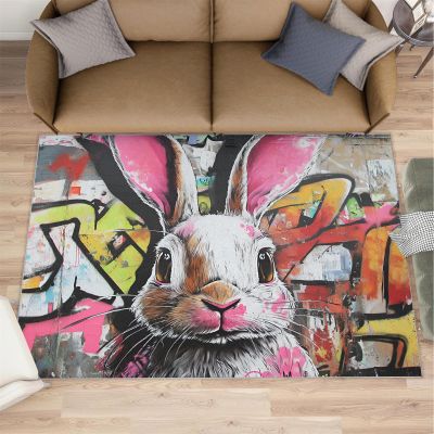 4x5 Vibrant Graffita Area Rugs - Urban Street Art Rug for Entryway, Cute Rabbit Graffiti Washable Entry Way Rugs Kids Carpet for Inside House Playroom Living Room End Table Nursery