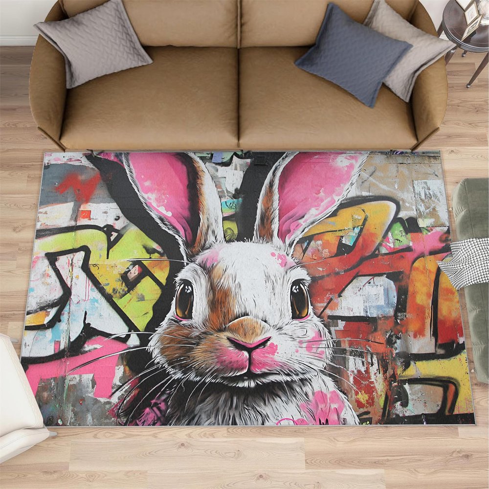 4x5 Vibrant Graffita Area Rugs - Urban Street Art Rug for Entryway, Cute Rabbit Graffiti Washable Entry Way Rugs Kids Carpet for Inside House Playroom Living Room End Table Nursery