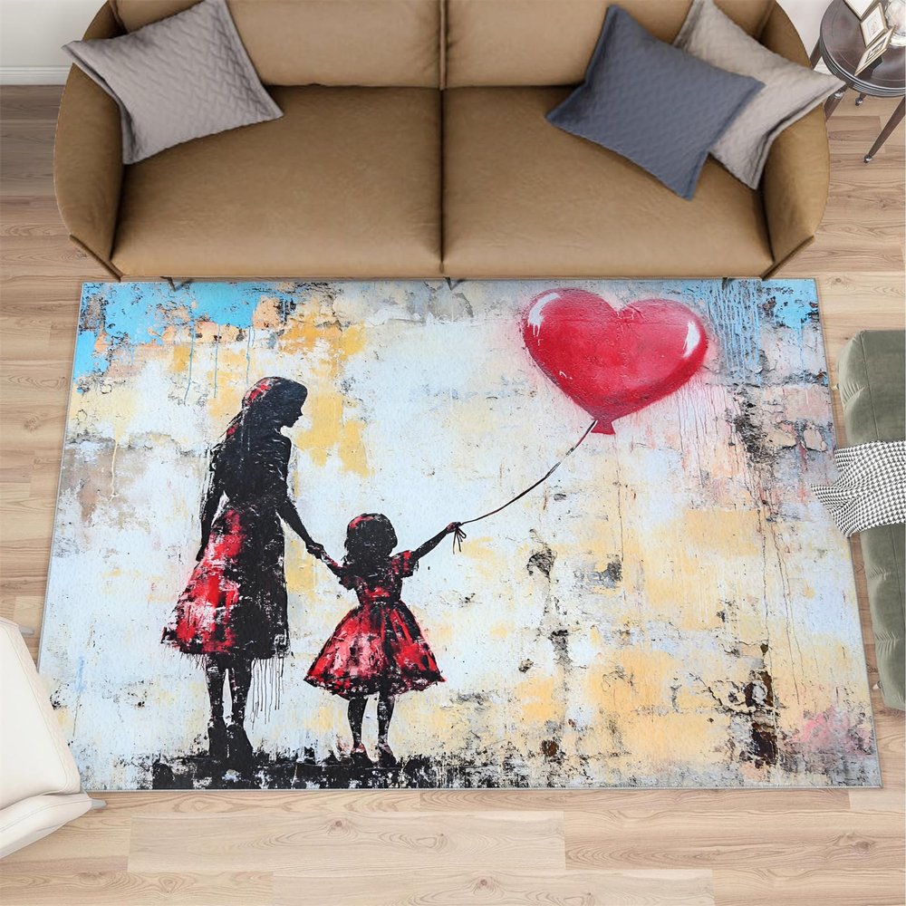 4x5 Vibrant Graffita Area Rugs - Urban Street Art Rug for Entryway, Mother Daughter Balloon Graffiti Washable Entry Way Rugs Kids Carpet for Inside House Playroom Living Room End Table Nursery