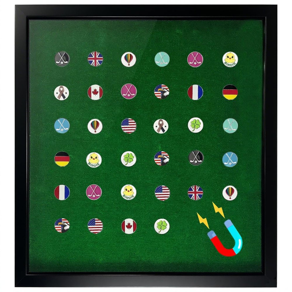 100 Golf Ball Marker Display Case Magnetic 15.5" W x 16.5" H Wall Mounted 98% UV Protection Acrylic & Wooden Frame Magnetic Back Panel for Golf Collectors