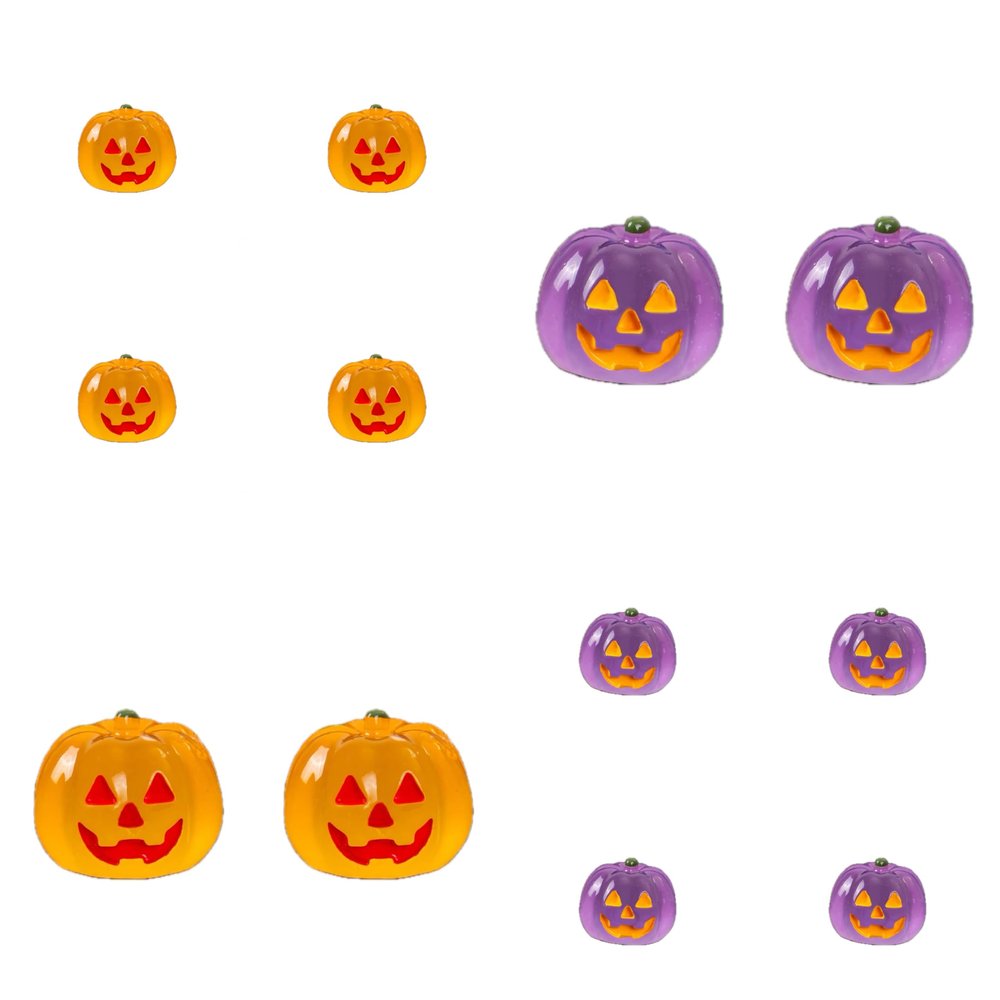 Fsfsjylyw 12pcs Halloween Pumpkins Mini Figurines, Luminous Miniature Resin Jack-o'-Lantern Statue for Halloween Party Vase Fillers Garden Dollhouse Home Decor (Orange and Purple)