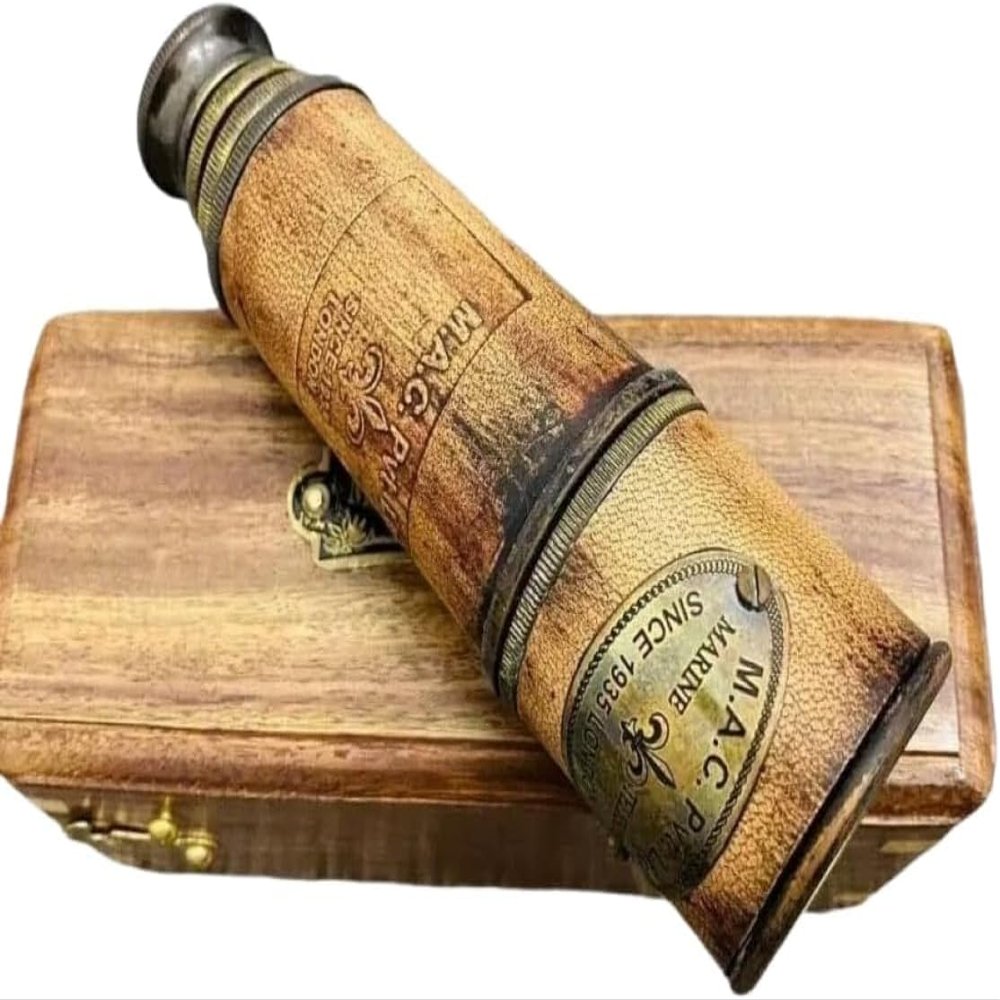16 Wooden Box Marine Telescope Nautical Antique Solid Brass Pirate Spyglass | Pirate Monocular Telescope for Kids & Adults, Handheld Collapsible Brass Telescope