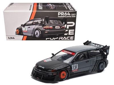 1:64 Diecast Model Car Compatible with Honda Civic EG6 Pandem Kanjozoku Matt Black and Gray with Graphics Limited Edition by Pop Race PR640163