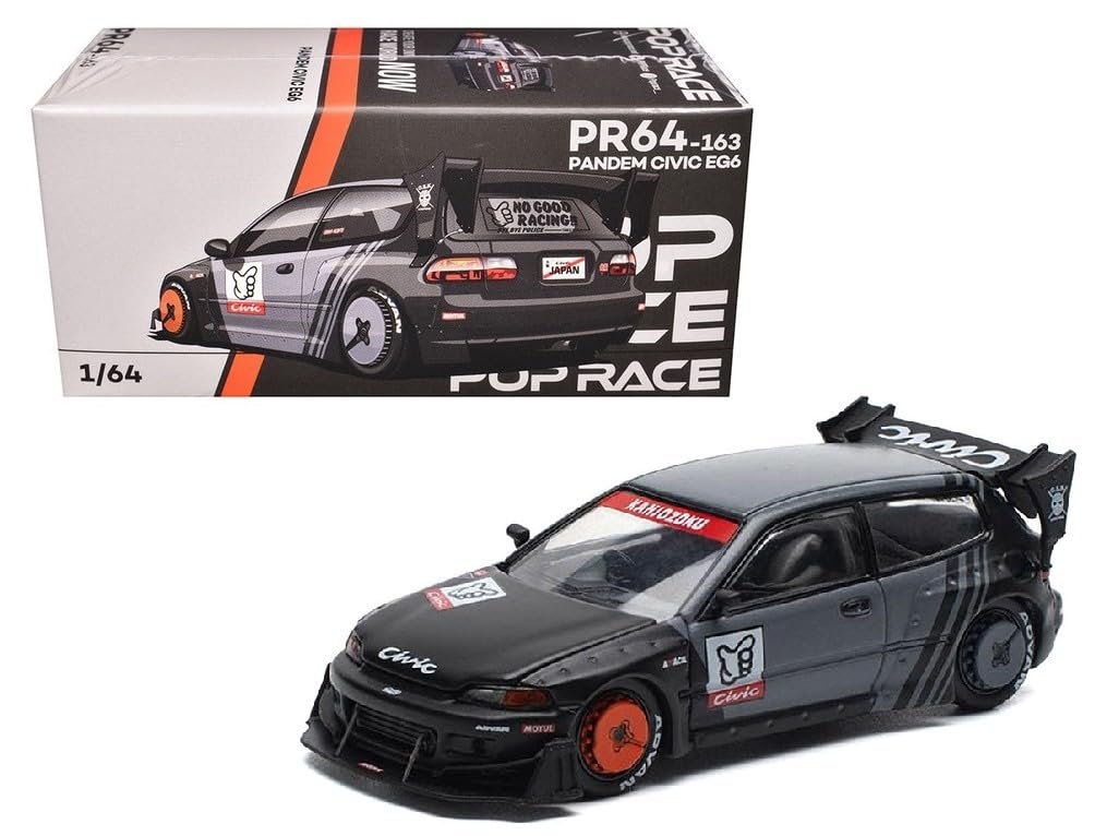 1:64 Diecast Model Car Compatible with Honda Civic EG6 Pandem Kanjozoku Matt Black and Gray with Graphics Limited Edition by Pop Race PR640163