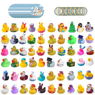 72 Set 24 Pcs Cruise Ducks for Hiding with Tags Random Assortment Rubber Ducks for Cruise Ship with 24 Pcs Cruising Duck Tags Carnival and 24 Pcs Rubber Bands for Valentine's Day Bath Birthda Gifts