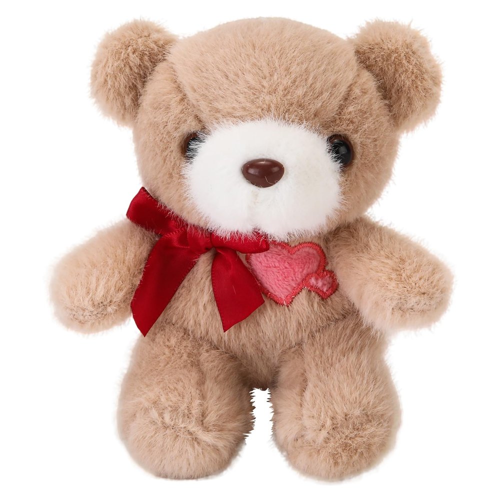 ABEARCAR 4.7 Inchs Teddy Bear Stuffed Animal with Heart,Bow Tie Embroidered Pink Heart Teddy Bear Plush Toy for Girlfriend, Boyfriend(Khaki)