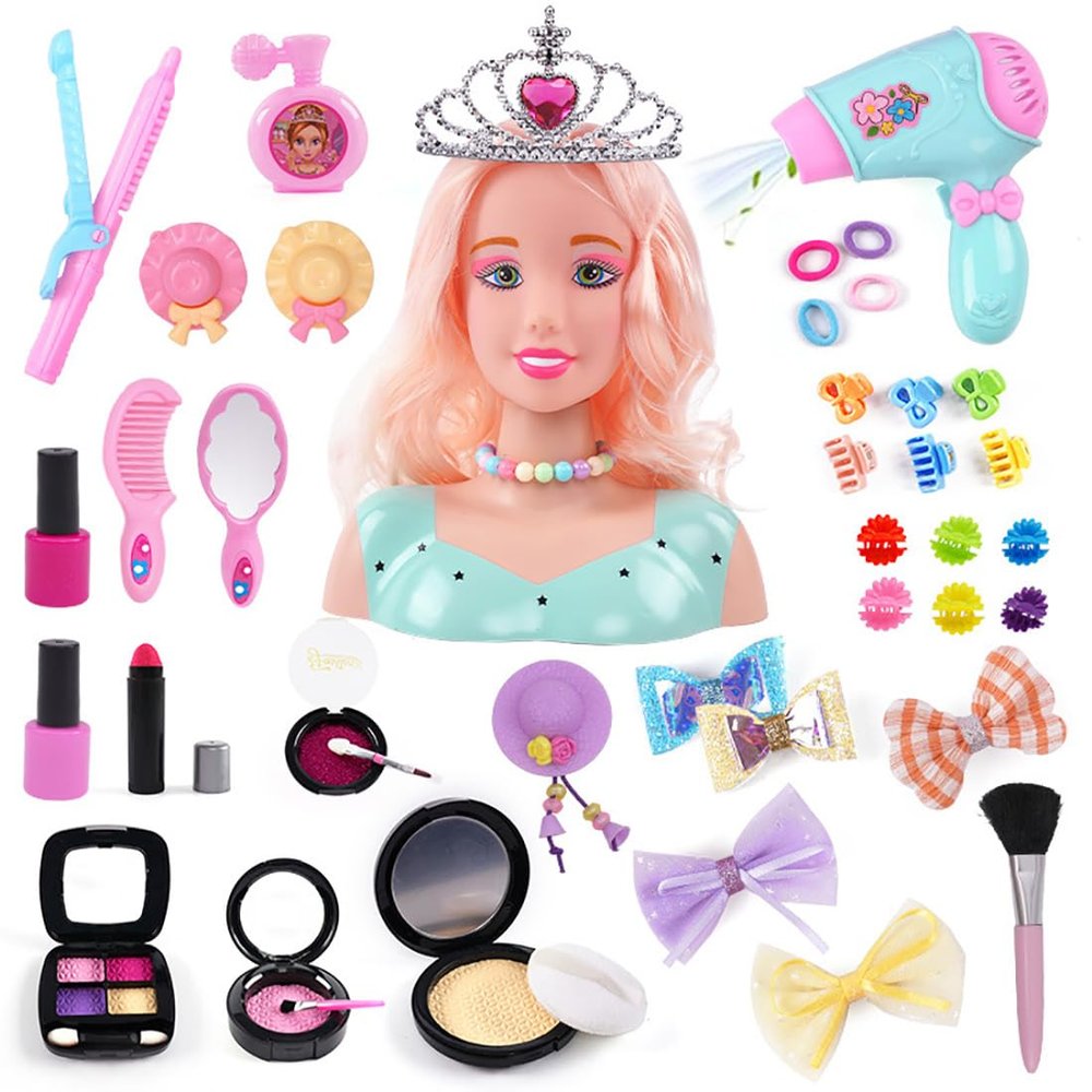 39PCS Hair Styling Doll Head Makeup for Girls Toys, Kids Practice Pretend Play Beauty Set with Hairdryer Curling Iron Crown Brushes Comb Birthday Gifts for Girls 3 4 5 6+ Years Old Christmas