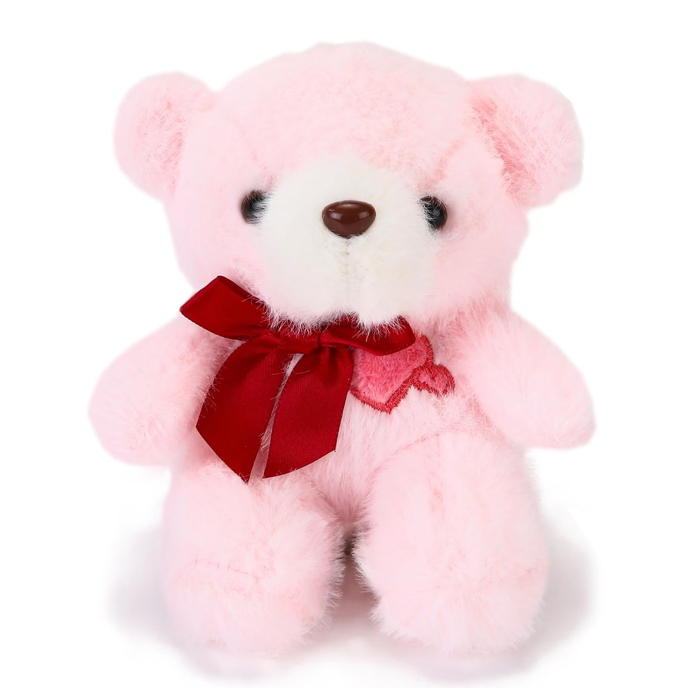 ABEARCAR 4.7 Inchs Teddy Bear Stuffed Animal with Heart,Bow Tie Embroidered Pink Heart Teddy Bear Plush Toy for Girlfriend, Boyfriend(Pink)