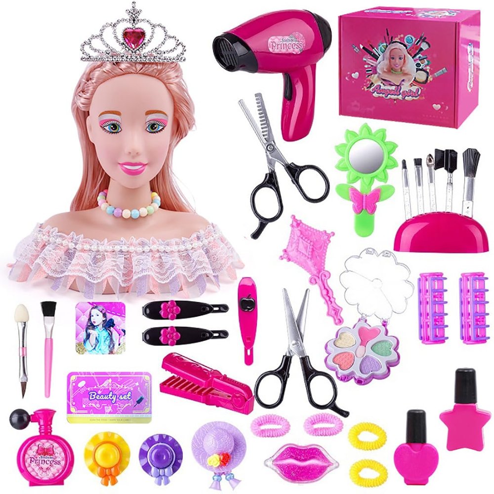 36PCS Hair Styling Doll Head Makeup for Girls Toys, Kids Practice Pretend Play Beauty Set with Hairdryer Curling Iron Crown Brushes Comb Birthday Gifts for Girls 3 4 5 6+ Years Old Christmas