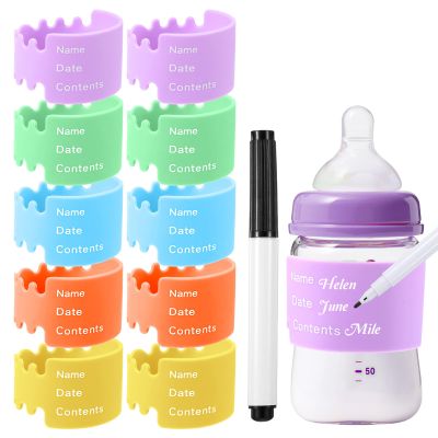 10pcs Bottle Labels Reusable Baby Name Date Bands Daycare Waterproof Bottle Bands Silicone Writable Water Bottles Labels Anti-Slip with Marker 5 Colors for Essentials
