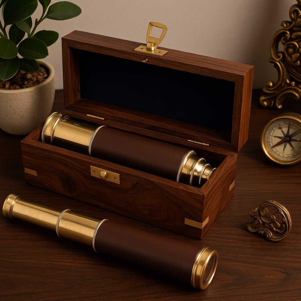 15" Antique Brass Telescope Single Barrel Adjustable Retro Pirate Spyglass Telescope with Wooden Box for Home & Office Decor Brown