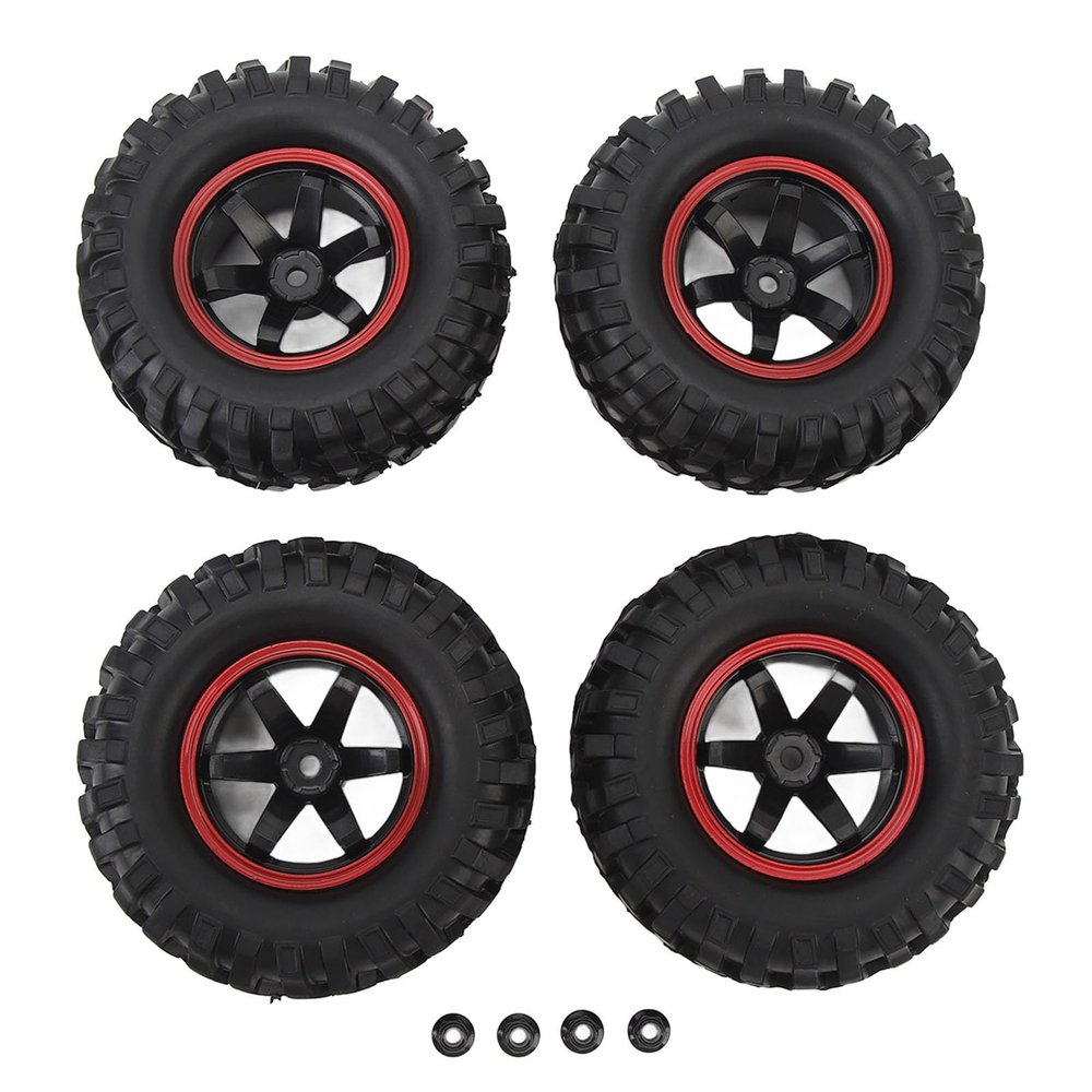 4PCS 1.9in RC Car Tires Wheels Rubber Strong Grip Pattern Red Frame 6 Holes Shock for Axial 1/10 RC Crawler