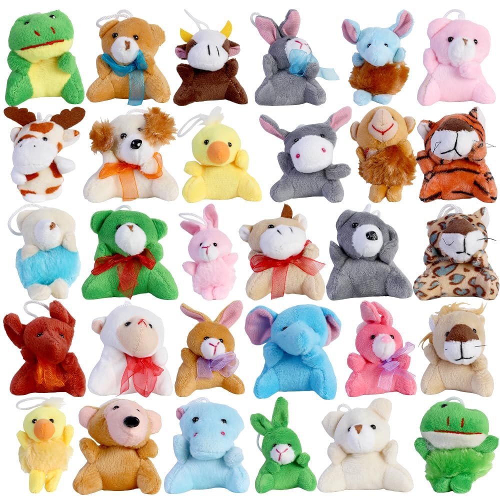 30 Pack Mini Animal Plush Toys Bulk, Cute Zoo Stuffed Animals Party Favors, Small Keychain Decoration for Claw Machine, Carnival Prize, Goody Bags Fillers, Christmas, Themed Parties for Kids Boy Girl