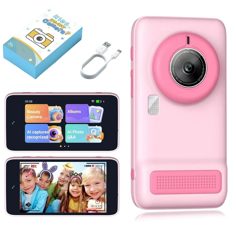AI Digital Camera for Kids with Object Recognition, 4 inch Touch Screen Smart Camera for Photo & Video Editing, Educational Learning Toy, Christmas Birthday Gift for Boys Girls (Pink)
