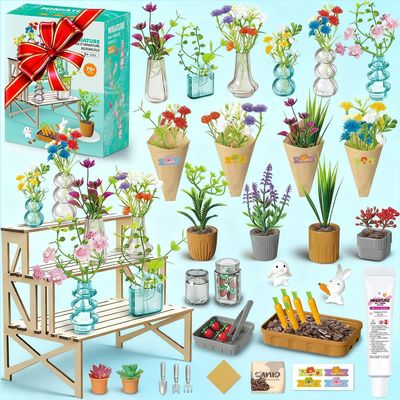 70 Pcs Make It Miniature Brands Nature Garden Plants Set with Wood Display Stand, Mini Botanical Collectibles, Paper Flower Bouquet DIY Craft Kit, Mini Greenhouse Toy Gift for Kids and Adults (Brown)