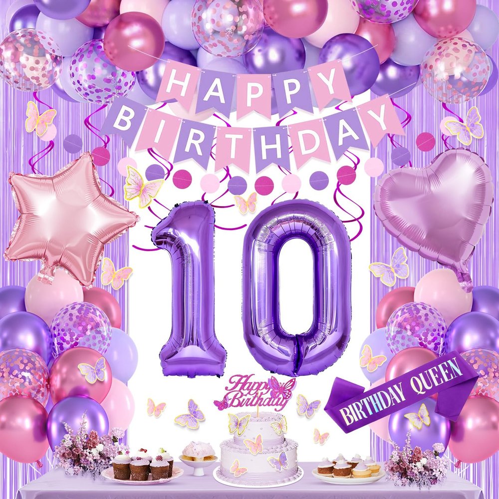 10th Purple Birthday Decorations for Girls, Pink and Purple Happy 10 Birthday Party Decorations with Happy Birthday Banner, Number Foil Balloons, Butterfly Cake Topper for 10th Party Supplies
