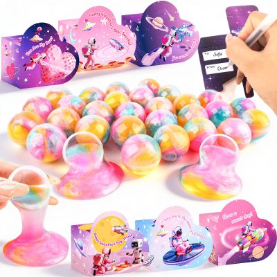 30 Pack Valentines Day Gifts for Kids with Galaxy Slime, Valentine Classroom Exchange Prizes, Slimes Stress Relief Fidget Toys, Valentines Party Favors, School Prize Rewards