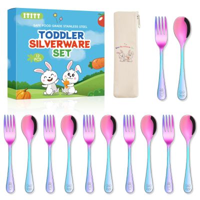 12 Pieces Stainless Steel Rainbow Toddler Utensils Set - Food Grade Kids Silverware Set Children Safe Small Forks and Spoons Mirror Polished Sturdy and Durable Dishwasher Safe
