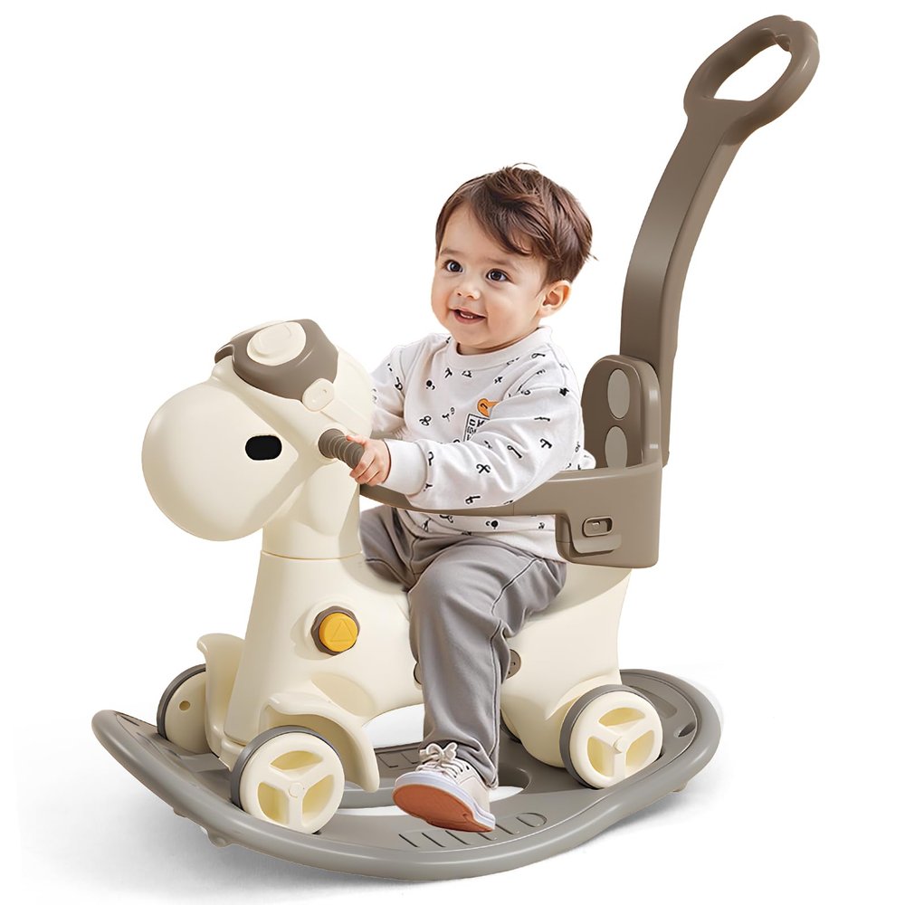 4 in 1 Rocking Horse for Toddlers 1-3 Years Old, Baby Rocking Toy Fun Birthday Gift for 1+ Kids, Ride on Toy with Guard Rails, Detachable Balance Board and Footrest with Push Handle (Brown)