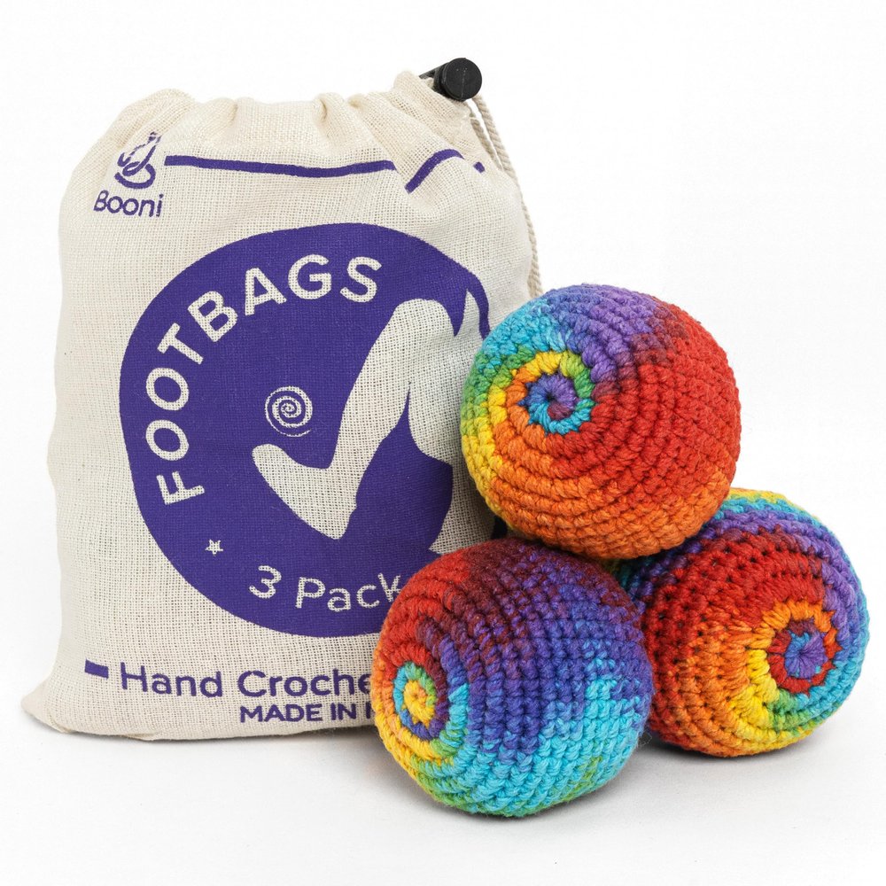 BOONI Handmade Crocheted Footbag- Pack of 3  Durable Woven Cotton Kick Ball for Style Games, Juggling, Tricks & Outdoor Games - Great as Stress Relief Fidget Toys Made in Nepal