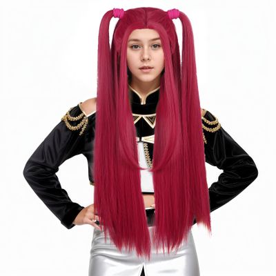 karlery Girls Long Straight Hot Pink Wig with 2 Ponytails Cartoon Anime Movie Cosplay Wig Heat Resistant Synthetic Fiber Brethable Adjustable Size for Halloween Costume Party
