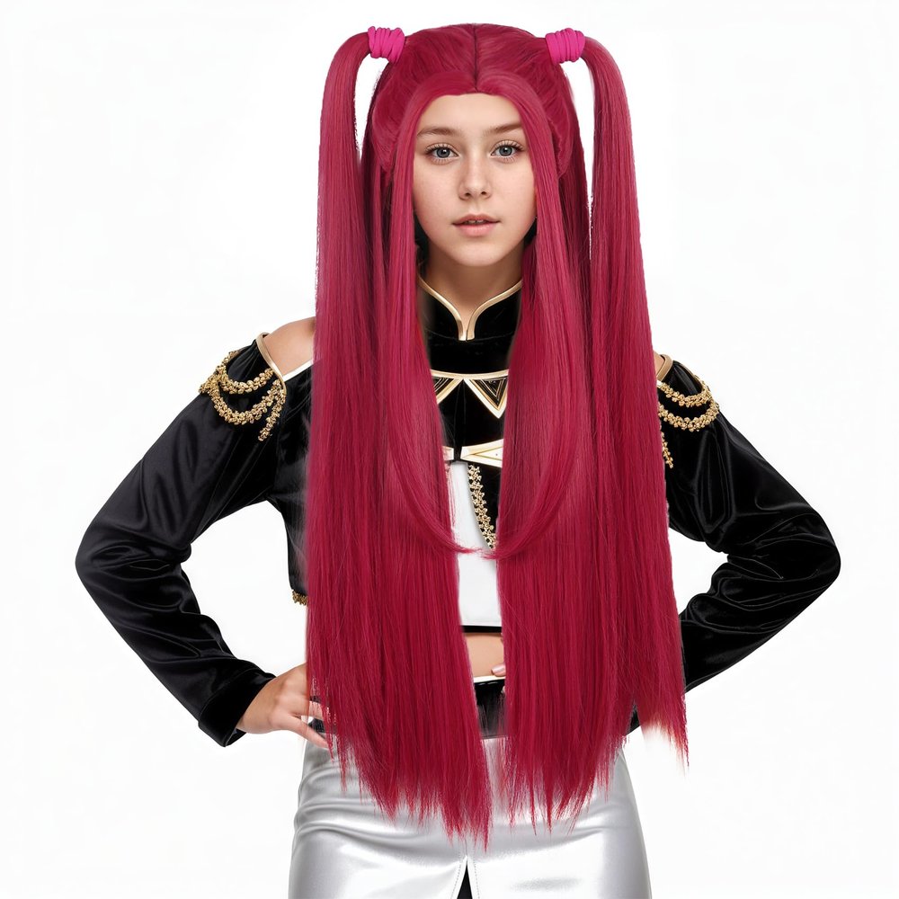 karlery Girls Long Straight Hot Pink Wig with 2 Ponytails Cartoon Anime Movie Cosplay Wig Heat Resistant Synthetic Fiber Brethable Adjustable Size for Halloween Costume Party