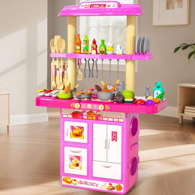 MSKOLER Pretend Play Kitchen Toys for Kid Ages 2-6 4-8, 2 Sided Kitchen Toys with Light, Sound and Spraying, Sink Toy Accessories, Cooking Stoves, Food Toys for Toddlers 1-3 3-5 Boys Girls 6-12 (Pink)