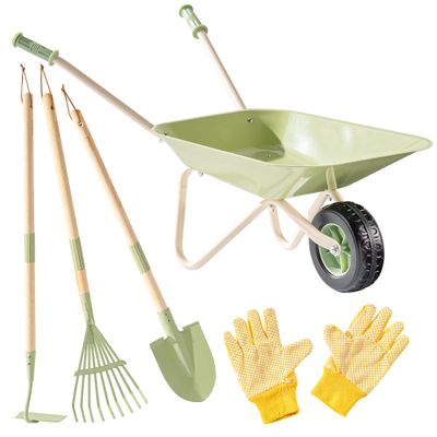 ROBOTIME Kids Wheelbarrow Set, 5PCS Kids Gardening Tool Set with Metal Toy Wheelbarrow, Shovel, Hoe, Broom & Gloves, Outdoor Yard Play for Planting, Sand, Leaves & Snow Fun, Gifts for Toddler 3+