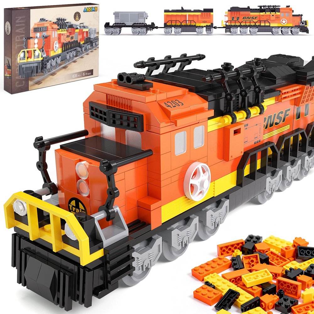 AIGIMU City Train Building Set, Stem Trains Building Toy for Boys Girls Ages 6-14, BNSF Freight Trains Model for Kids and Adult, Stem Locomotive Train Building Blocks, Christmas Birthday Gifts 635 PCS