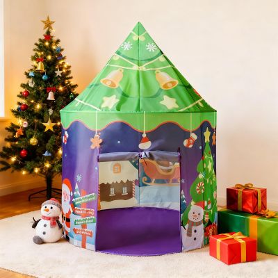 Christmas Play Tent for Kids, Santa's Workshop Indoor & Outdoor Playhouse with Roll-Up Door, for Imaginative Play & Festive Memories for Xmas Decoration