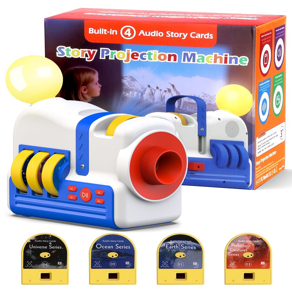 Story Projector Machine with 4 Story Cards, Earth, Ocean, Dinosaurs & Space, Built-in Audio Player, 9 Sleep Sounds & 5 NightLight, Dual Power, Toy Gift for Toddlers and Kids Girls Boys Ages 3+