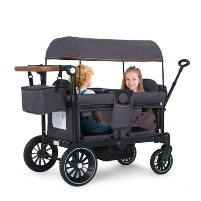 Kinder King Stroller Wagon for 2 Kids, Foldable All-Terrain Outdoor Toddler Kids Wagon Stroller 2 Seater, Removable Canopy, Adjustable Push/Pull Bar, Detachable Tray, Parent Organizer,Grey