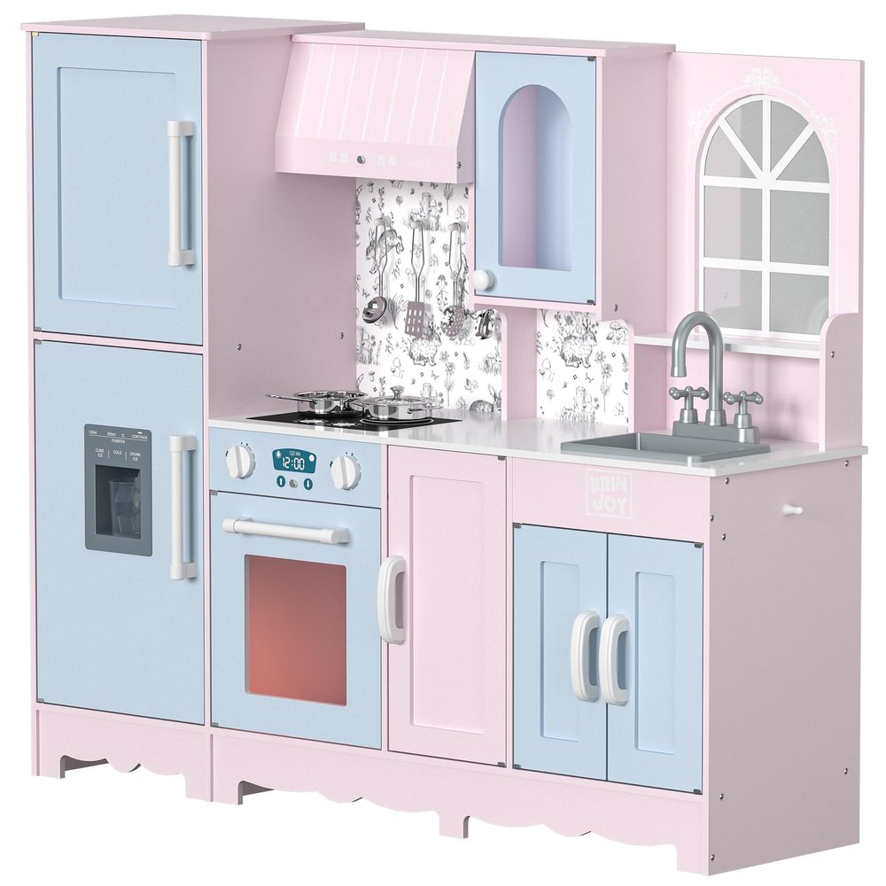 BRINJOY Play Kitchen for Kids, Wooden Kids Kitchen Playset w/Faucet, Sink, Stove, Oven, Window, Cookware, Storage Cabinets, Toddler Role Play Kitchen Pretend Play Toy Set Gift for Girls Boys Ages 3+