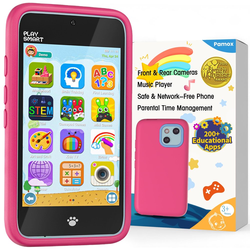 PAMOX Kids Toy Phones with 200+ Educational Puzzle Games, Dual Camera Child Smartphone for Boys Girls Age 3-12, 4" Touchscreen Learning Toys with Parental Control for Toddler Gift, Pink